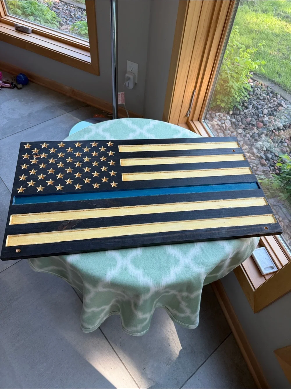 Handcrafted Thin Blue Line American Flag Wooden Wall Plaque — Black, Gold & Blue